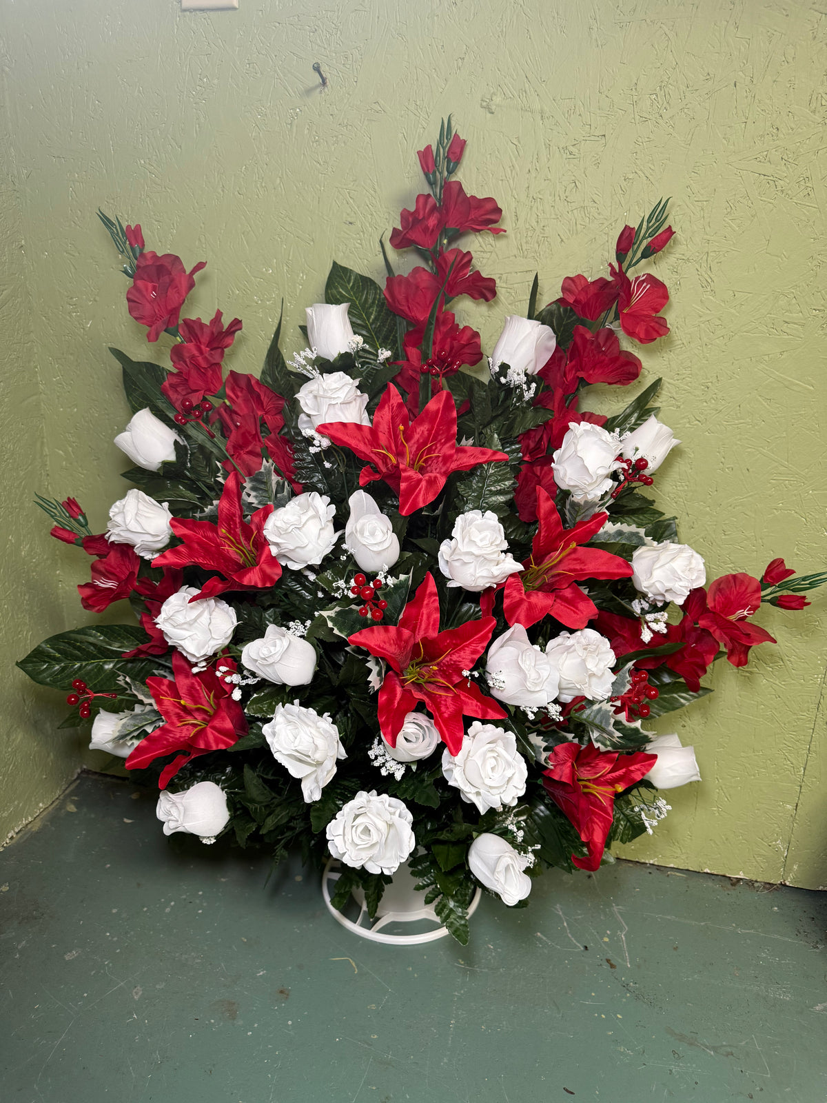 Silk Floral Basket Arrangement in Red and White with Holly