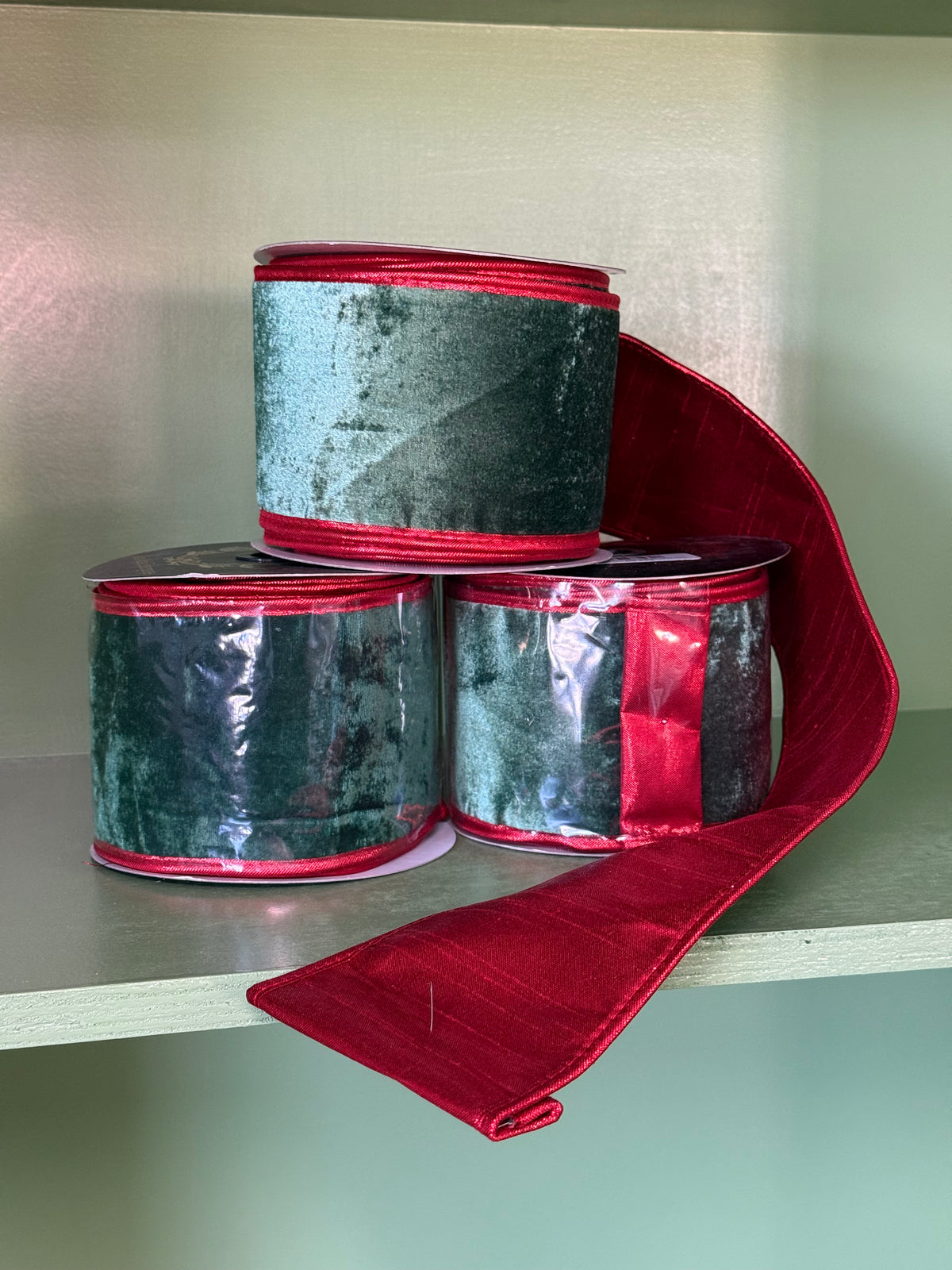 4inx10yd Green Velvet Double Fused Metallic Dupioni with Red Piping Ribbon