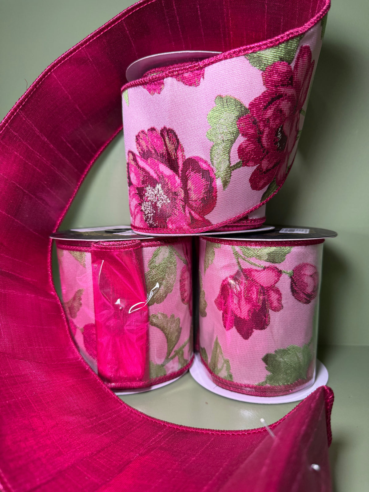 2.5inx5yd Fuschia & Green Floral Metallic Jacquard Fused Ribbon