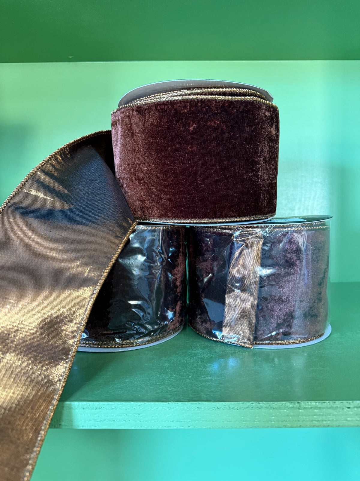 4inx10yd Dark Brown Velvet Metallic Dupioni Fused Ribbon