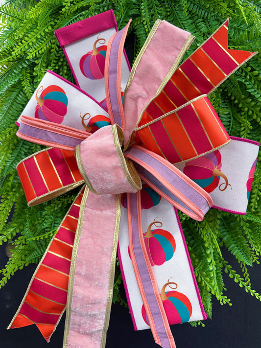 Pink, Orange, & Gold Hand Tied Pumpkin Bow using 4 different ribbons