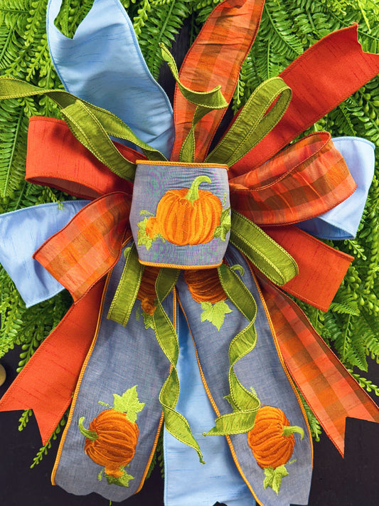 Pumpkin Fall Hand Tied Bow using 5 Different Ribbons