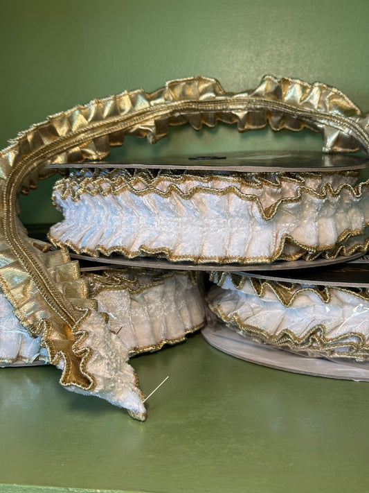 1.5inx10yd White Velvet Pleated Metallic Dupioni Double Fused Ribbon