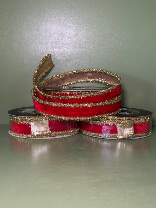 1inx10yd Red Velvet Metallic Dupioni Double Fused Tinsel Edge Ribbon