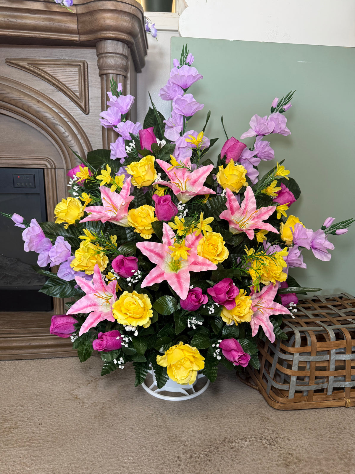Silk Floral Basket Arrangement in Lavender, Yellow and Pinks