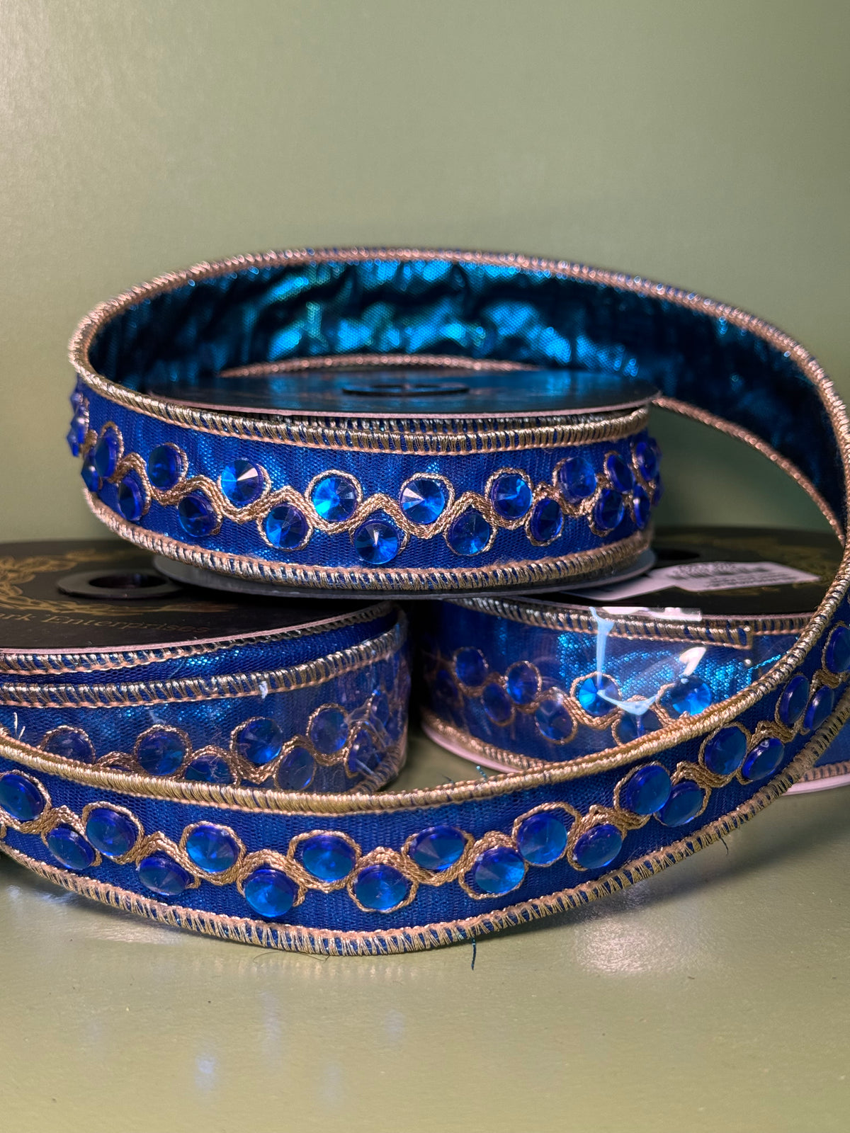 1inx5yd Blue Jeweled Trim Metallic Dupioni Blue