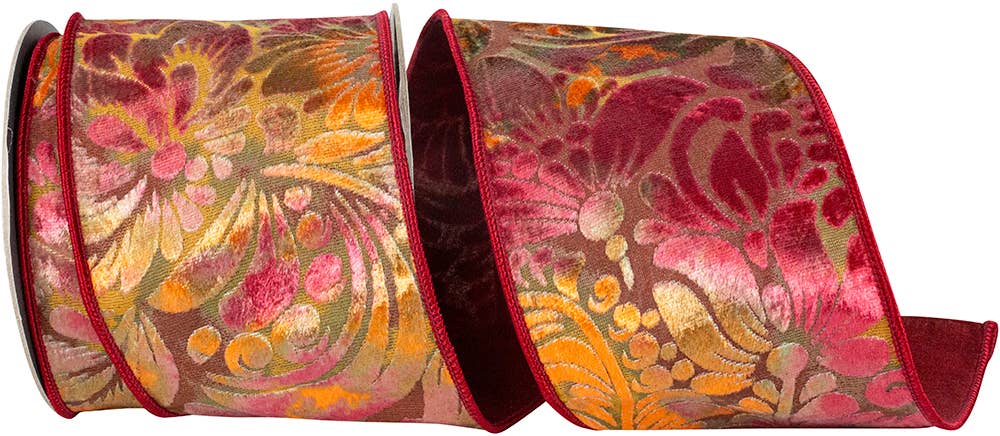 Grand Floral Velvet Burn Out Deluxe, Rust, 4 In, 10 Yards