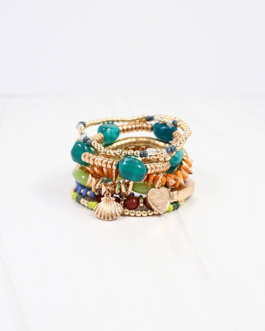 Shaker Beaded Stretch Bracelet Set Green Multi
