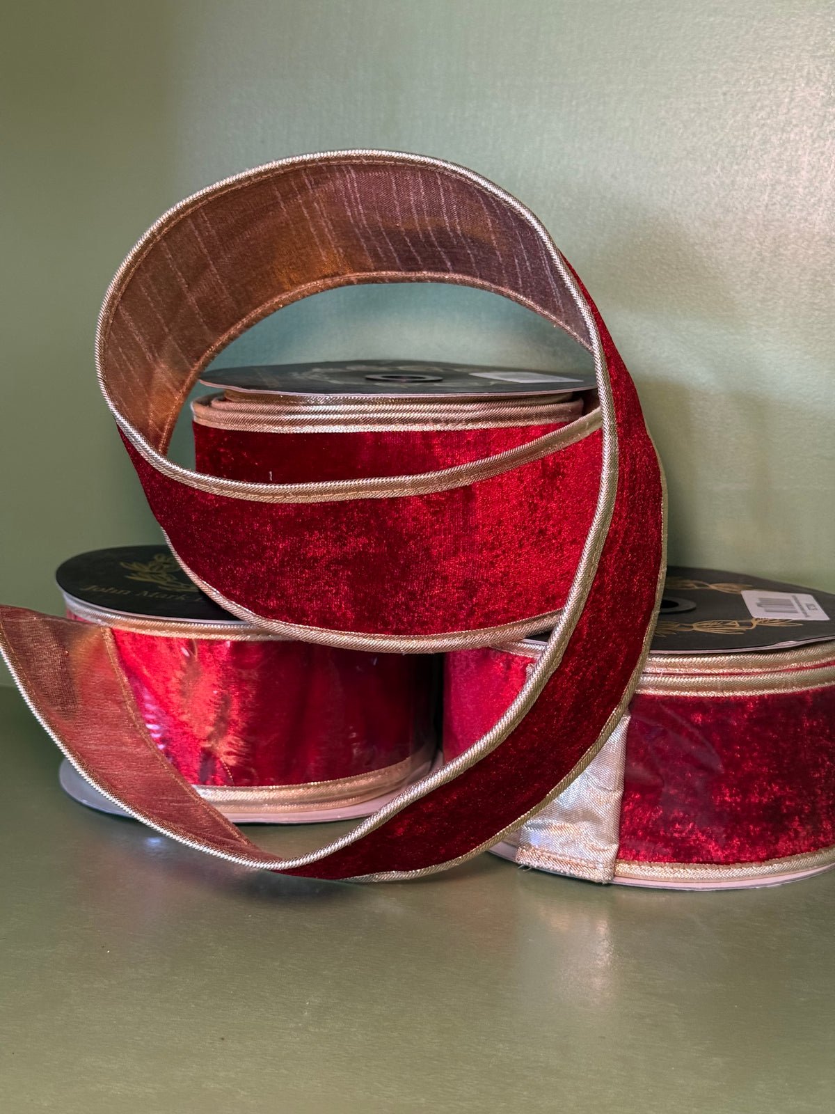 2.5inx10yd Red Velvet Double Fused Metallic Dupioni Ribbon with Gold Piping