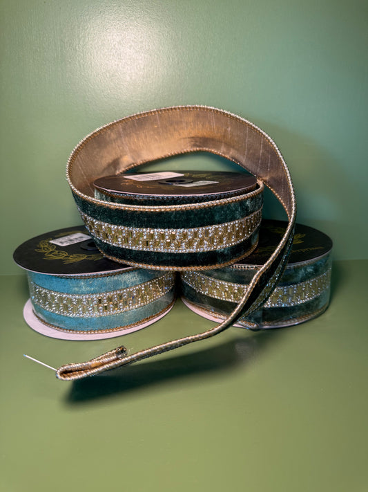 1.5inx5yd Green Velvet Jeweled Center Trim Double Fused Ribbon