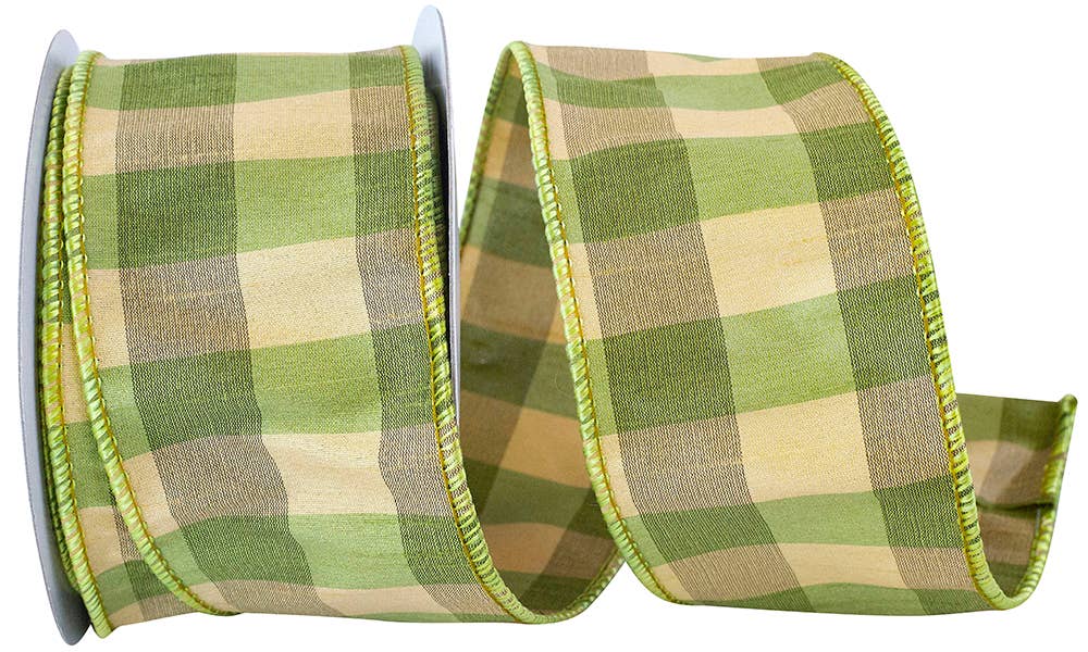 Check Silk Wired Edge Ribbon, Green, 2-1/2 In, 10 Yards