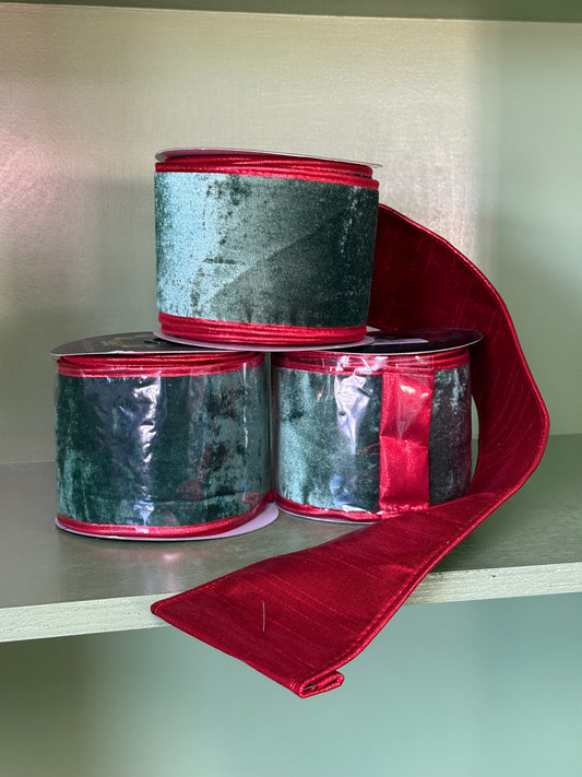 4inx10yd Green Velvet Double Fused Metallic Dupioni with Red Piping Ribbon