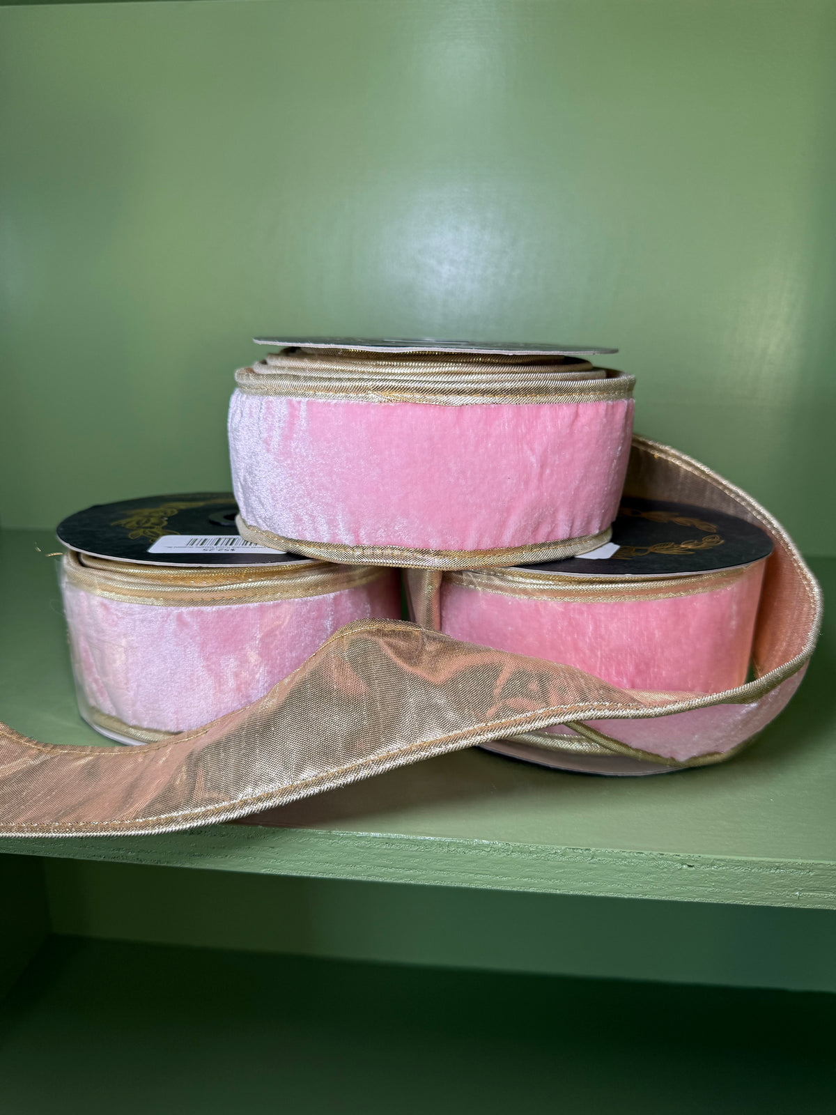 2.5inx10yd Pink Velvet Double Fused Metallic Dupioni Ribbon with Gold Piping