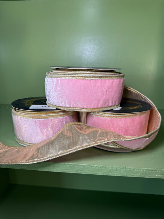 2.5inx10yd Pink Velvet Double Fused Metallic Dupioni Ribbon with Gold Piping