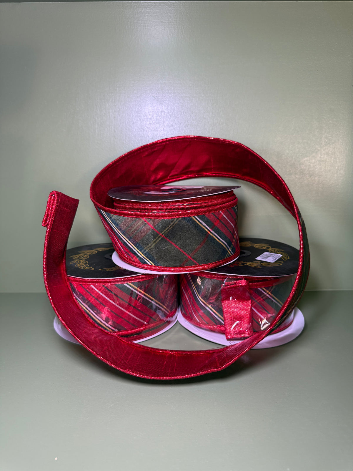 2.5inx10yd Red Traditions Plaid Double Fused Metallic Ribbon