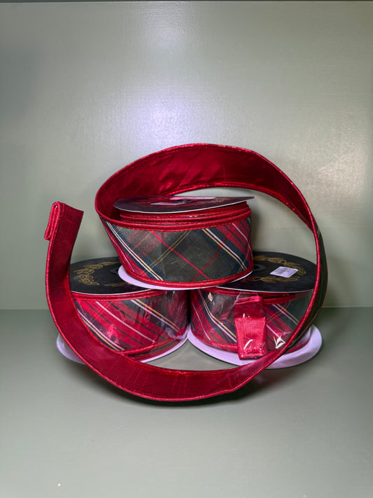2.5inx10yd Red Traditions Plaid Double Fused Metallic Ribbon