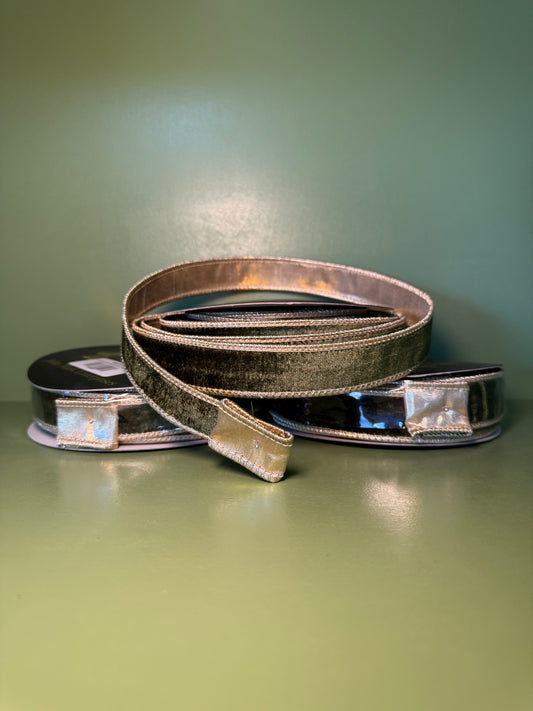 1inx10yd Dark Green Velvet Metallic Dupioni Fused Ribbon