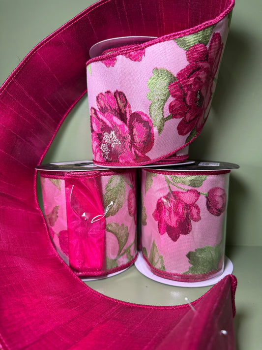 2.5inx5yd Fuschia & Green Floral Metallic Jacquard Fused Ribbon