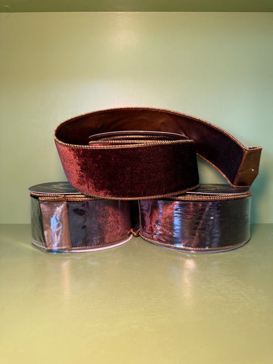 2.5inx10yd Dark Brown Velvet Metallic Dupioni Fused Ribbon