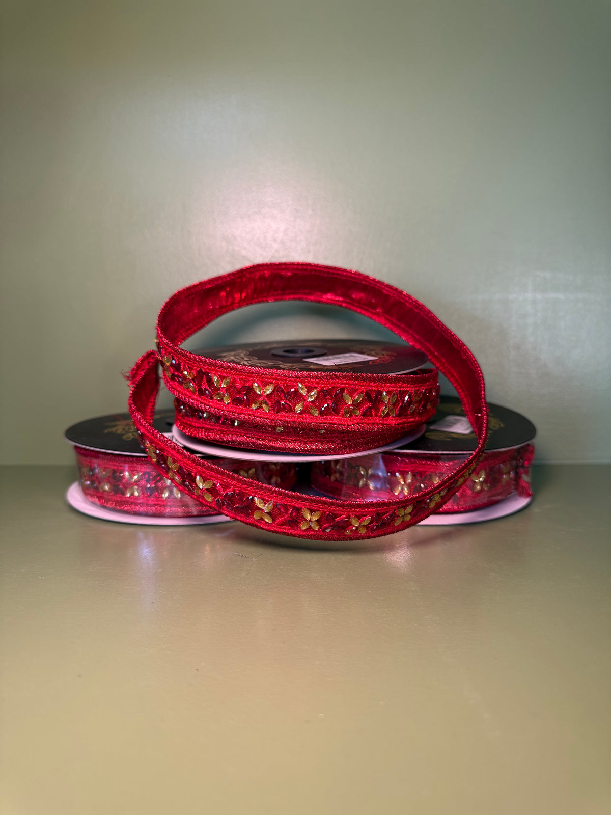 1inx5yd Red Jeweled Trim Metallic Dupioni Ribbon