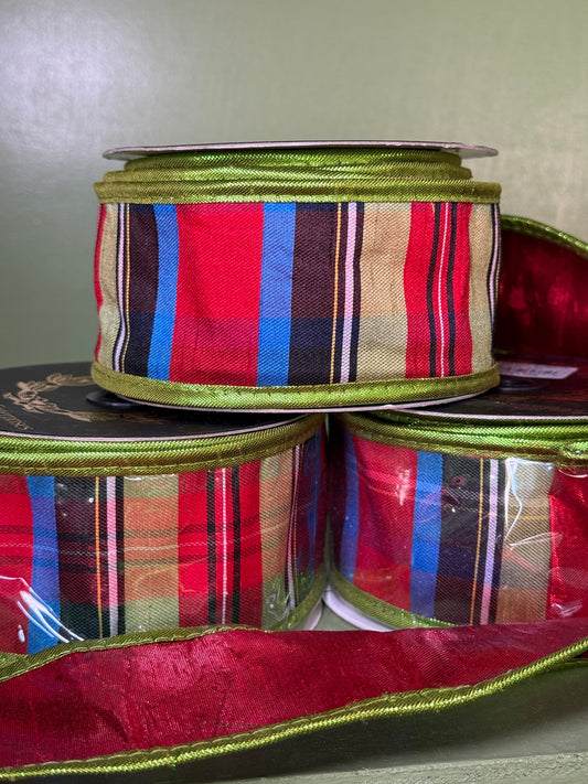 2.5inx10yd Red Stripe Metallic Dupioni Ribbon with Green Metallic Piping