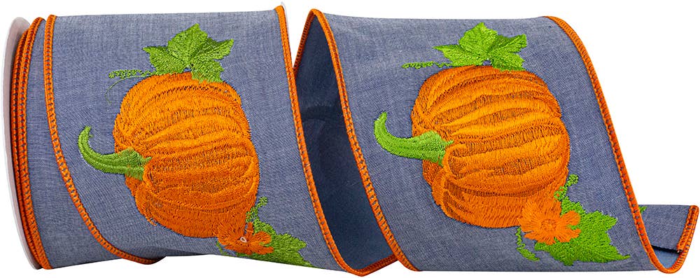 Pumpkin Embroidered Deluxe Wired, Denim, 4 In, 5 Yards