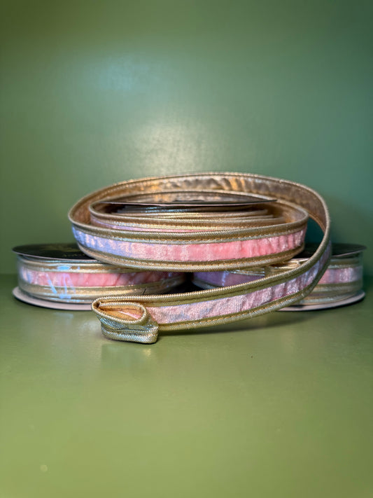 1inx10yd Pink Velvet Double Fused Metallic Dupioni Ribbon with Gold Piping