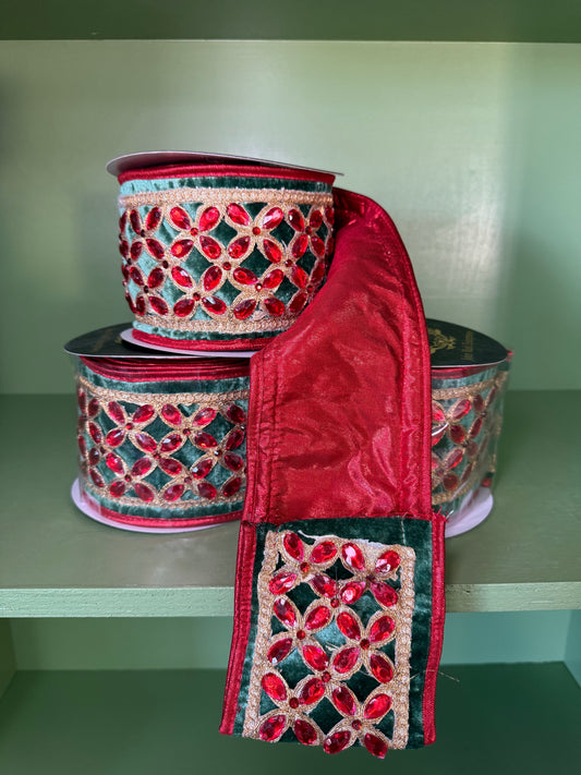 4inx5yd Green Velvet Red Floret Center Metallic Dupioni Ribbon with Red Trim