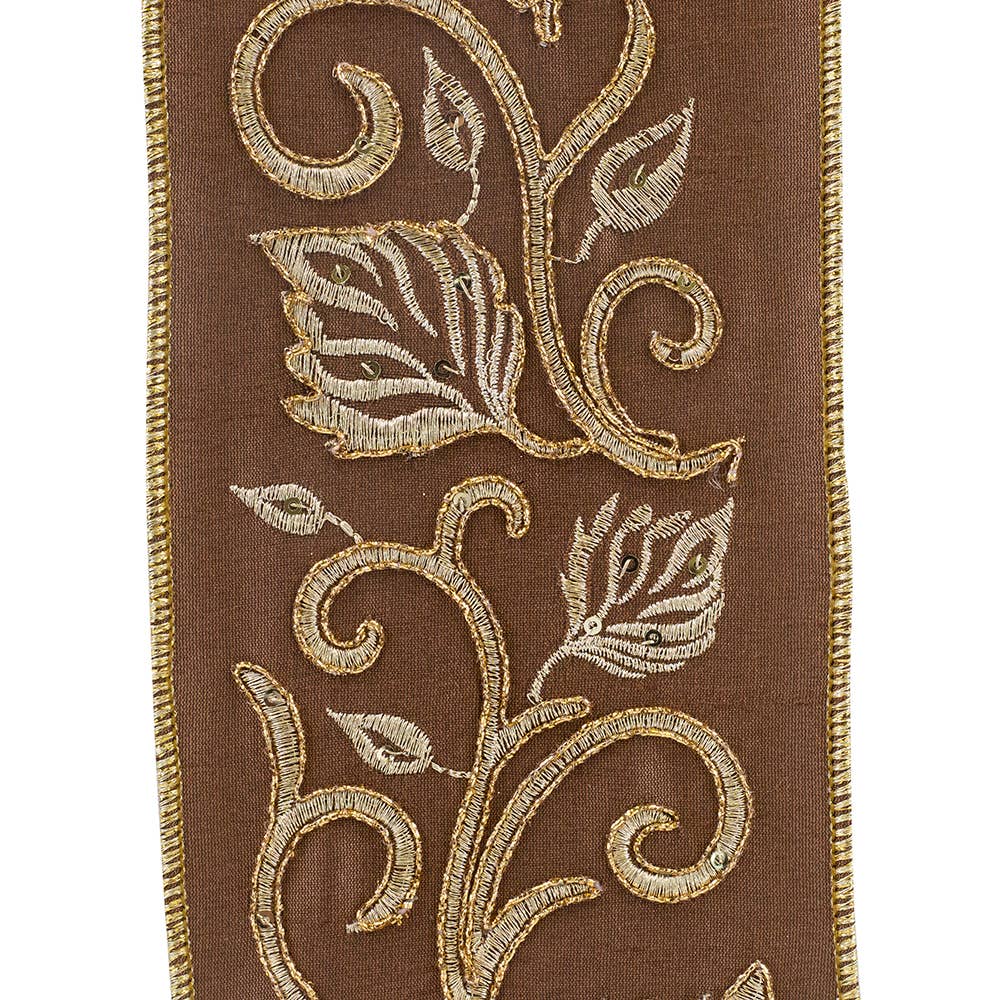 Leaf Scroll Embroidered Dupioni, Brown, 4 In, 5 Yards
