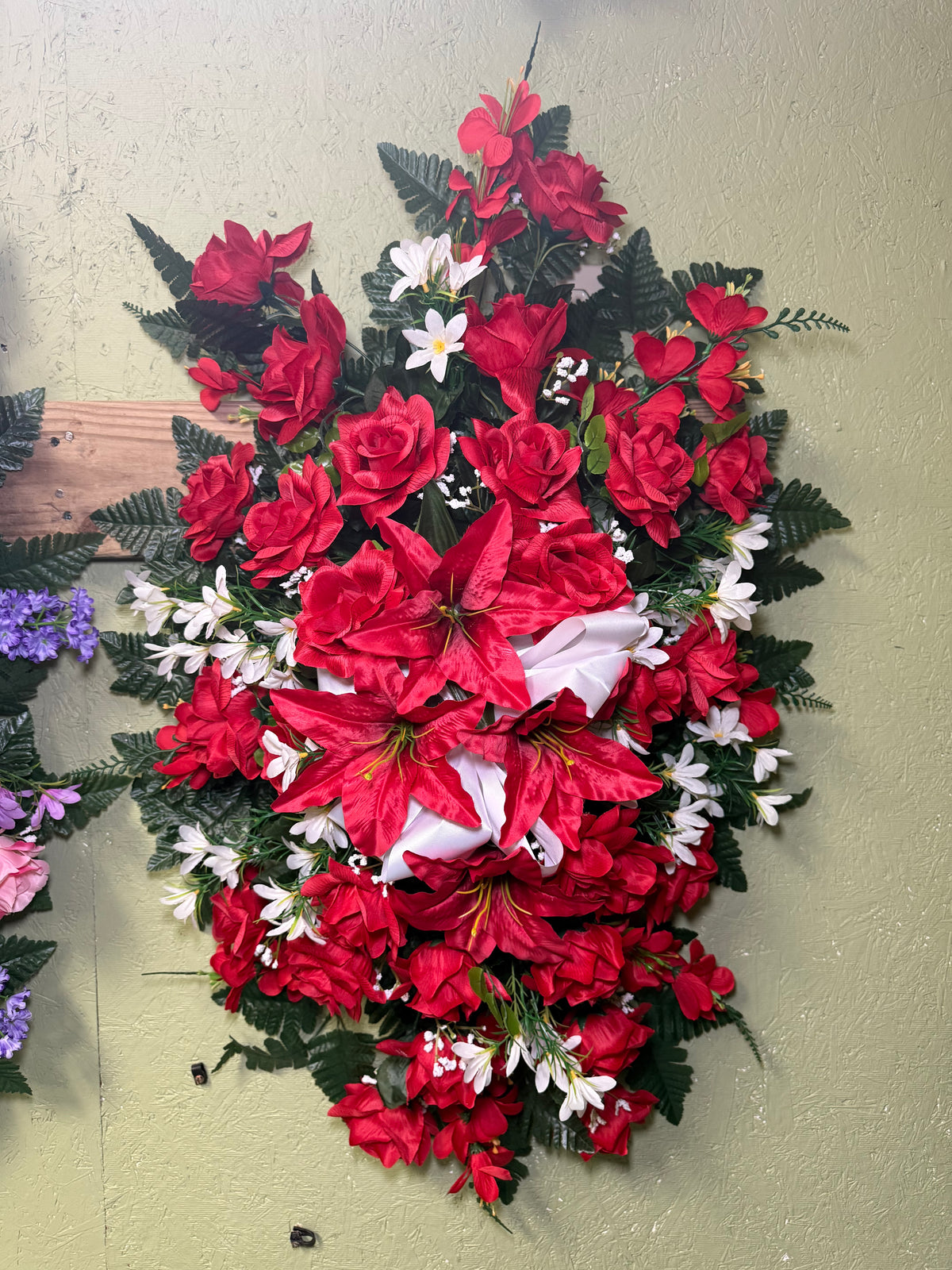 Red and White Silk Standing Spray - Small