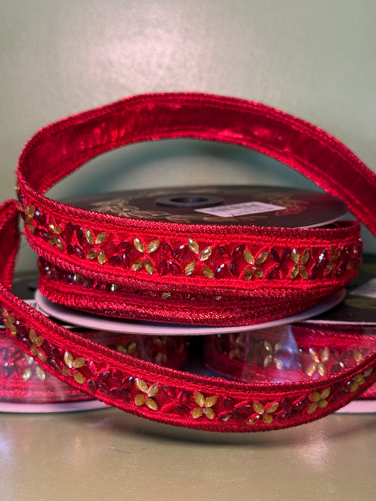 1inx5yd Red Jeweled Trim Metallic Dupioni Ribbon