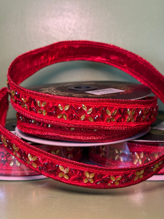 1inx5yd Red Jeweled Trim Metallic Dupioni Ribbon