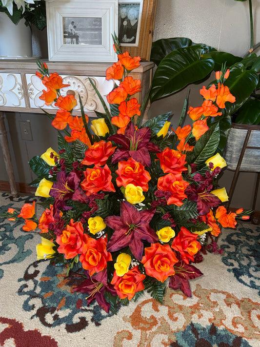Orange, Yellow & Burgundy Silk Basket