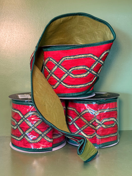 4inx5yd Red & Green Embroidered Trellis Pattern Dupioni Fused Ribbon