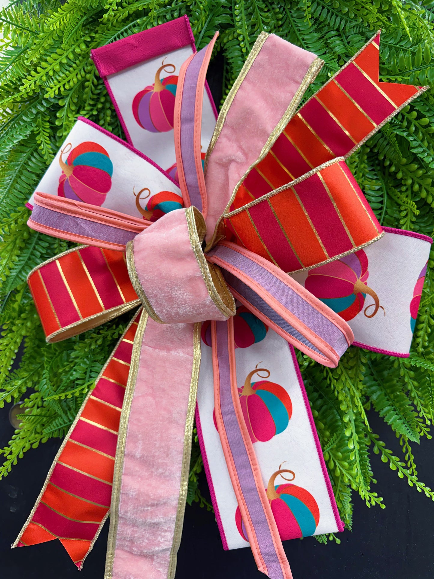 Pink, Orange, & Gold Hand Tied Pumpkin Bow using 4 different ribbons