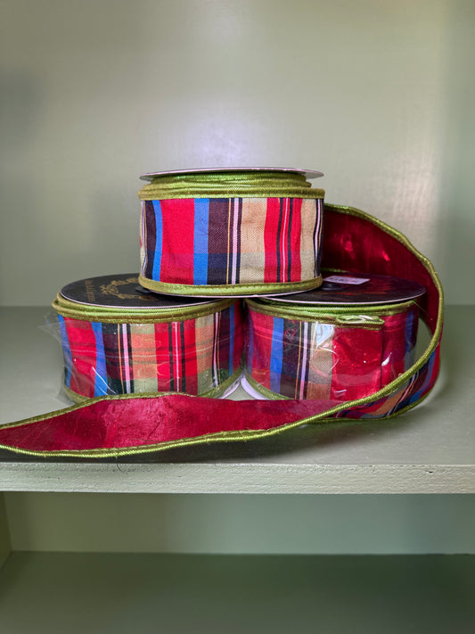 2.5inx10yd Red Stripe Metallic Dupioni Ribbon with Green Metallic Piping