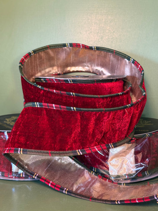 2.5inx10yd Red Velvet Metallic Dupioni Ribbon with Plaid Piping