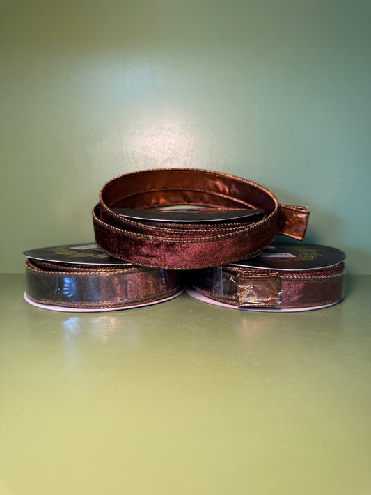 1inx10yd Dark Brown Velvet Metallic Dupioni Fused Ribbon