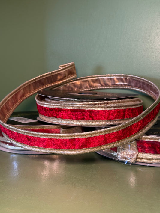 1inx10yd Red Velvet Double Fused Metallic Dupioni Ribbon with Gold Piping