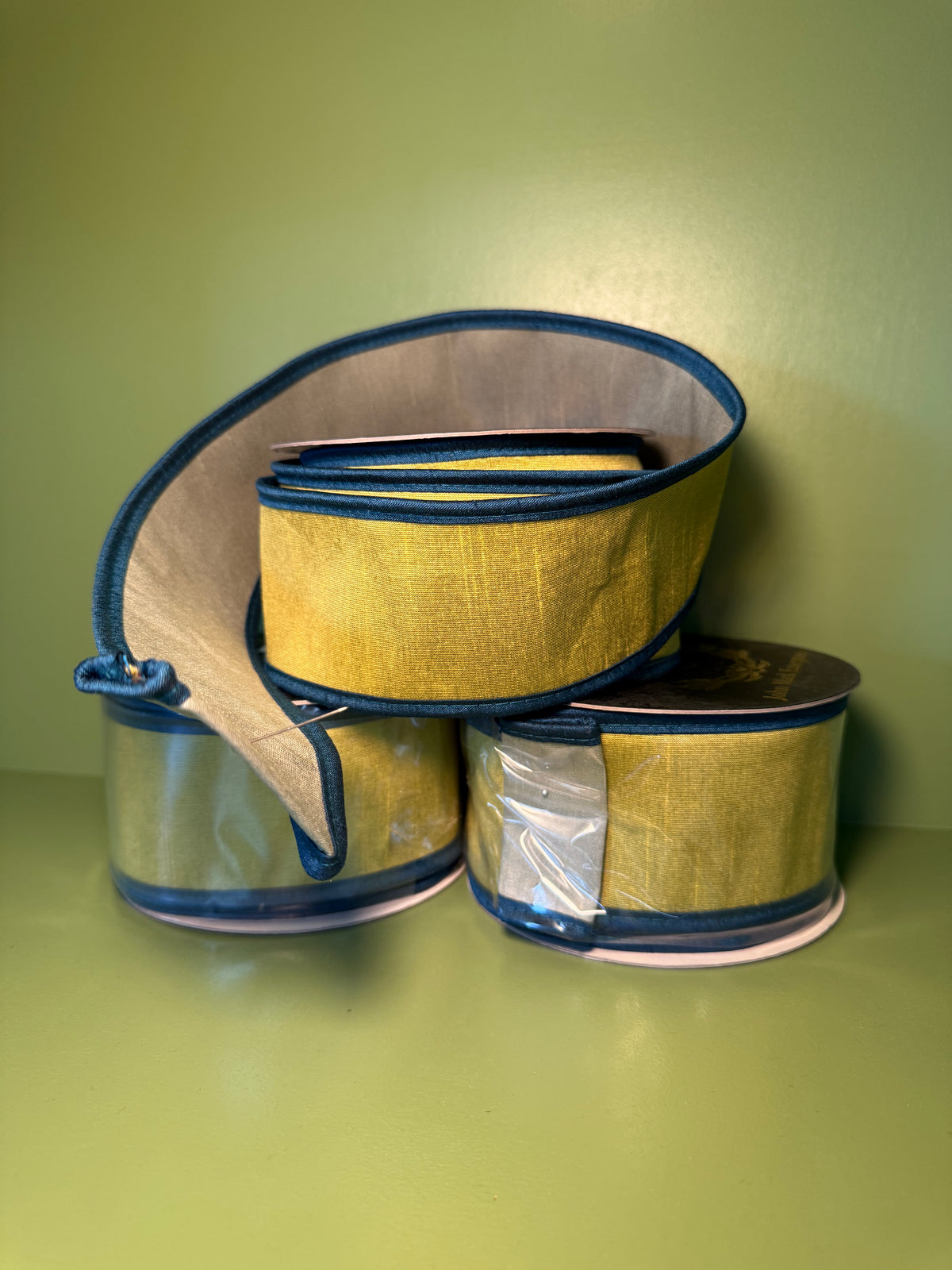 2.5inx10yd Moss Dupioni Double Fused Ribbon with Contrasting Dupion Trim