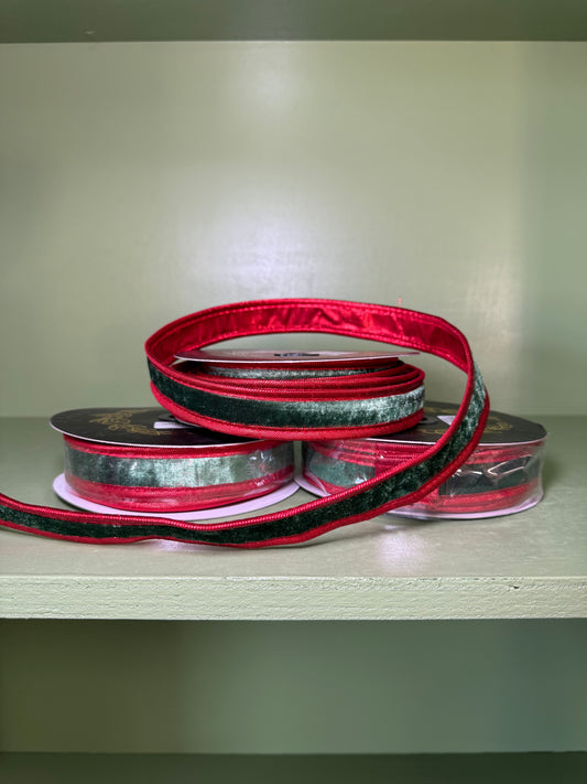 1inx10yd Green Velvet Double Fused Metallic Dupioni Ribbon with Red Piping
