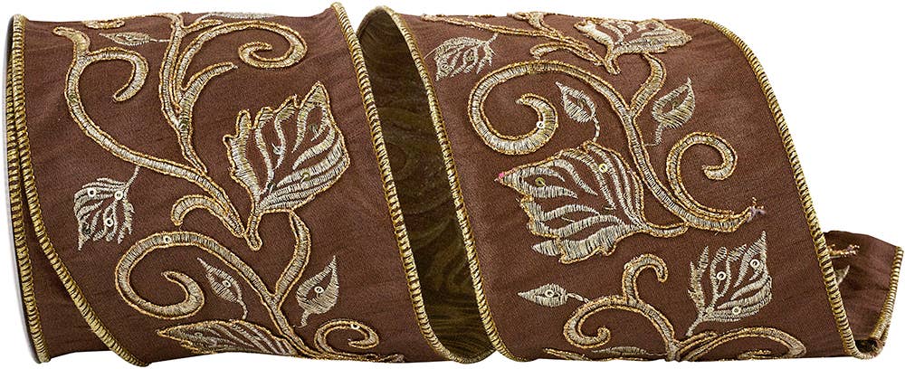Leaf Scroll Embroidered Dupioni, Brown, 4 In, 5 Yards
