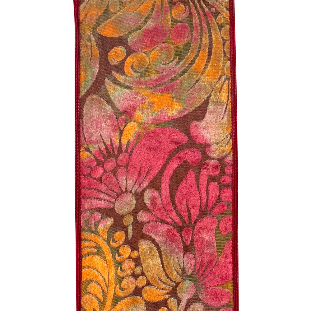 Grand Floral Velvet Burn Out Deluxe, Rust, 4 In, 10 Yards