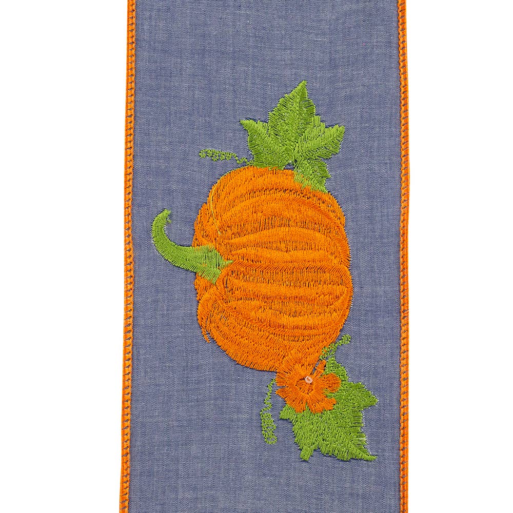 Pumpkin Embroidered Deluxe Wired, Denim, 4 In, 5 Yards