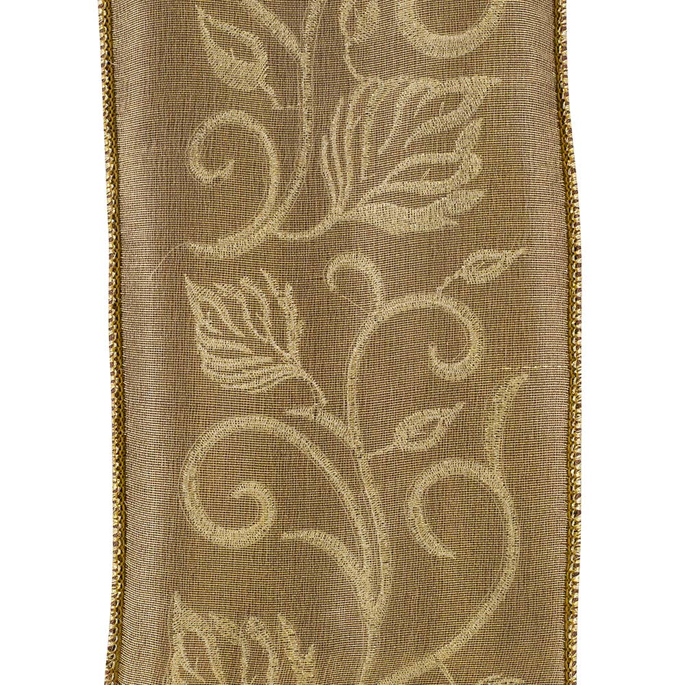Leaf Scroll Embroidered Dupioni, Brown, 4 In, 5 Yards
